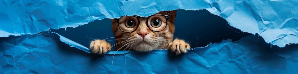 with glasses image featuring a charming with glasses cat peeking through a carefully torn opening in a rich blue paper backdrop