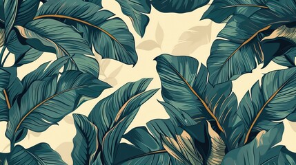 Abstract foliage line art vector background. Tropical leaves wallpaper - obrazy, fototapety, plakaty