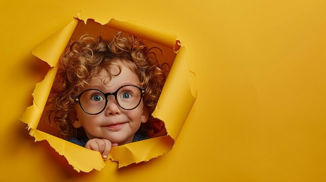 with glasses image featuring a charming with glasses lettle childre peeking through a carefull torn opening in a rich yellow paper backdrop