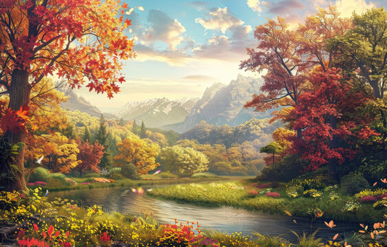 A picturesque autumn scene with colorful trees, grassy meadows, and flowing rivers in the background of mountains.