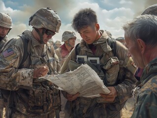 A group of soldiers are gathered around a map, with one of them holding it up. The soldiers are all wearing camouflage uniforms and appear to be in a muddy, dusty environment - obrazy, fototapety, plakaty