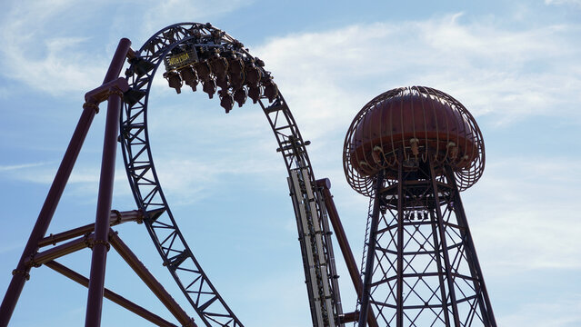 Rust, Germany-March 28.2024: Train of "Voltron Nevera", the world's first roller coaster of its kind at "Europa-Park" in the new  "Croatia" theme area, without people. The new roller coaster 2024