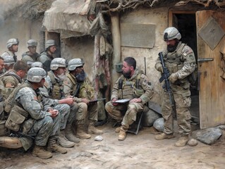 A group of soldiers are sitting around a table with a man reading from a clipboard. Scene is serious and focused, as the soldiers are likely discussing important matters or receiving instructions