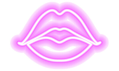 Neon glowing lips shining vibrant bright woman lips, love kiss icon with transparent background