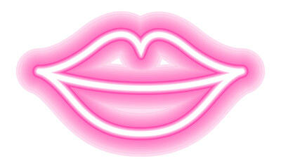 Neon glowing lips shining vibrant bright woman lips, love kiss icon with transparent background