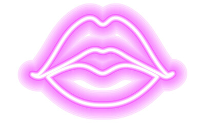 Neon glowing lips shining vibrant bright woman lips, love kiss icon with transparent background