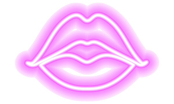 Neon glowing lips shining vibrant bright woman lips, love kiss icon with transparent background