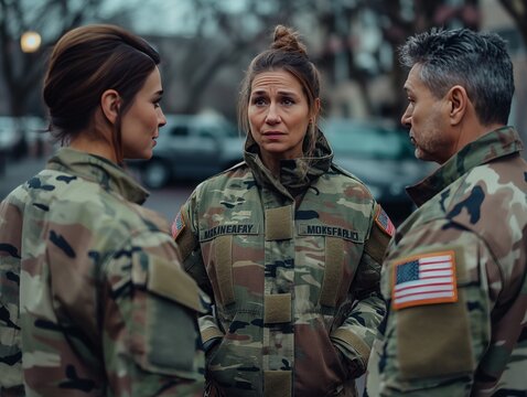 Three soldiers are standing in a line, one of them is crying. The other two soldiers are looking at her