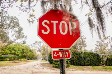 Old 4-way STOP sign covered in Spanish moss on a Florida dirt road. 