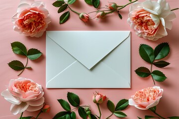White blank greeting card on a pink background with flowers, love letter 