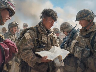 A group of soldiers are gathered around a book, with one of them reading from it. Scene is serious and focused, as the soldiers are likely discussing important information or strategies - obrazy, fototapety, plakaty
