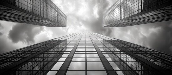 A black and white photo of three tall buildings with a cloudy sky in the background