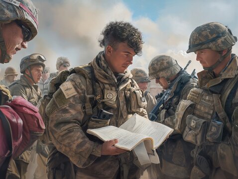 A group of soldiers are gathered around a book, with one of them reading from it. Scene is serious and focused, as the soldiers are likely discussing important information or strategies