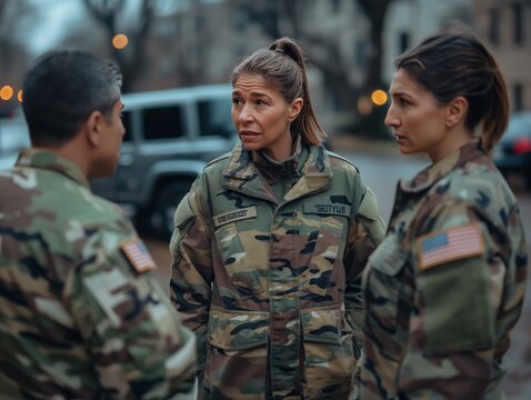 Three women in military uniforms are standing together. One of them is wearing a green jacket with the letters "Tet" on it