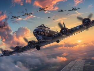 A group of fighter jets are in the air, with one of them being a large bomber. The sky is cloudy and the sun is setting, creating a moody atmosphere. The image is a representation of a war scene - obrazy, fototapety, plakaty