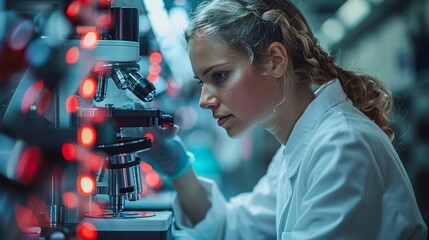 Tecnico donna  lavora in laboratorio con un microscopio elettronico - obrazy, fototapety, plakaty