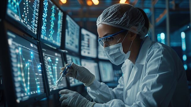 Tecnico donna con dispositivi di protezione  lavora in laboratorio maneggiando una provetta