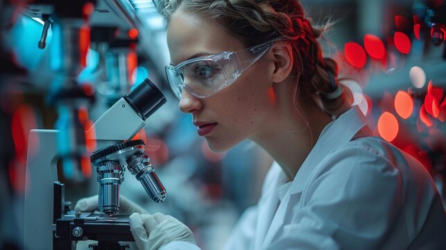 Tecnico di laboratorio con dispositivi di protezione al lavoro con microscopio