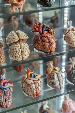 miniature brain, heart, and lung models meticulously arranged in a glass display case, showcasing their scientific precision and beauty