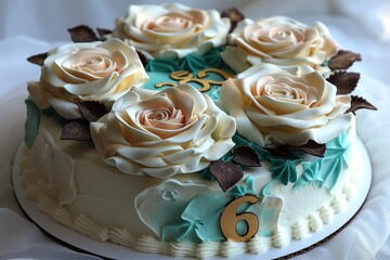 wedding anniversary cake decorated white and turquoise cream with natural roses and gold number 6 on white background 