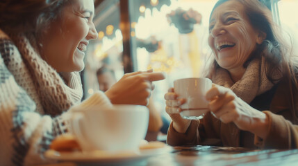 Two senior women share a moment of joy and laughter over coffee in a cozy cafe, their smiles and gestures expressing the warmth and depth of their friendship - obrazy, fototapety, plakaty