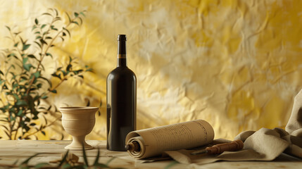 White wine bottle with blank label, accompanied by goblet, corks, and parchment scroll, on beige linen surface with warm, monochromatic background,  vintage wine branding and classical elegance