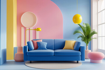 Colorful Pop Art Living Room with Blue Sofa and Geometric Shapes. Vibrant Contemporary Lounge with...
