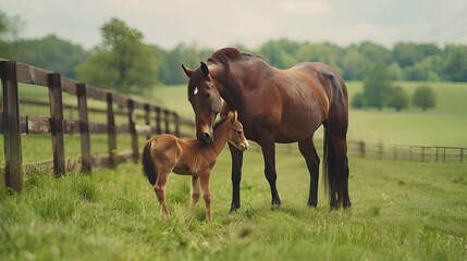 horse and foal in the field, generative ai