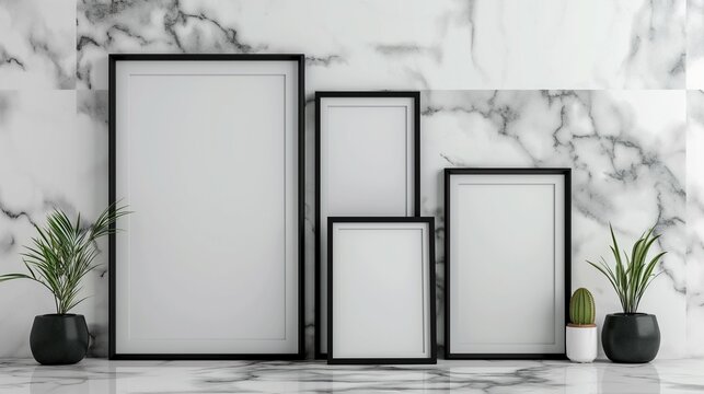 Black border mockup frame, marble white wall, home interior, 3D render