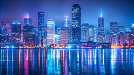 Fototapeta premium Financial district skyline at night, illuminated buildings showcasing the dynamics of urban finance and global economics.