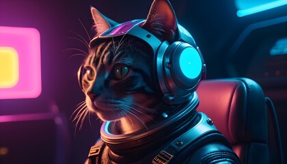 With an air of authority, a Shorthair cat surveys her domain from the command chair, her space helmet gleaming under the radiant glow of the cosmic console lights. - obrazy, fototapety, plakaty