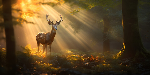 deer in the forest, A deer in the forest with the sun shining through the trees