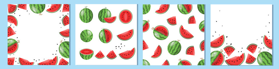 Cute and Fresh Summer Banner Frames Text Templates and Seamless Pattern Design Whole Watermelons, Slices and Seeds. Summer Sale or Organic and Healthy Fruit Concept Can be printed or used in websites.