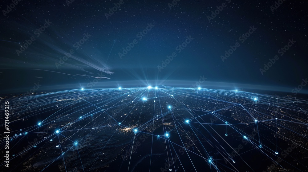Poster the image features a striking visualization of network lines brightly illuminating the sky above an 