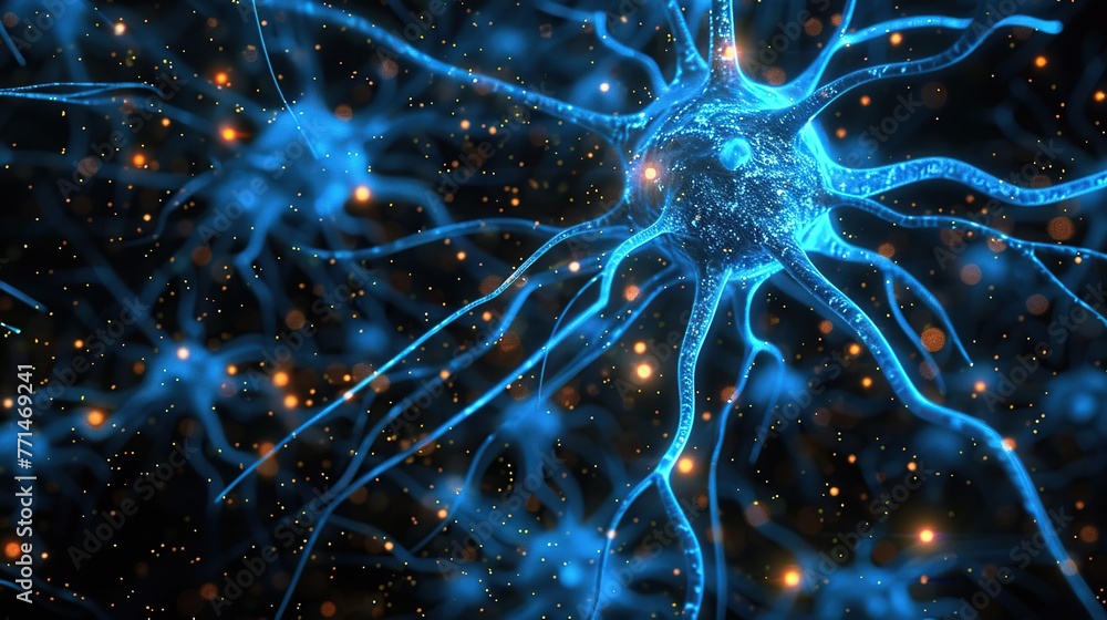 Poster an intricate visualization of a neuronal network with blue electric highlights, metaphorically repre