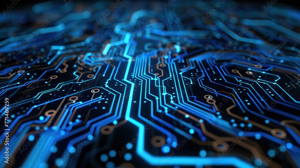 Poster a macro shot of a complex circuit board pattern, resembling a neural network, perfect for depicting 
