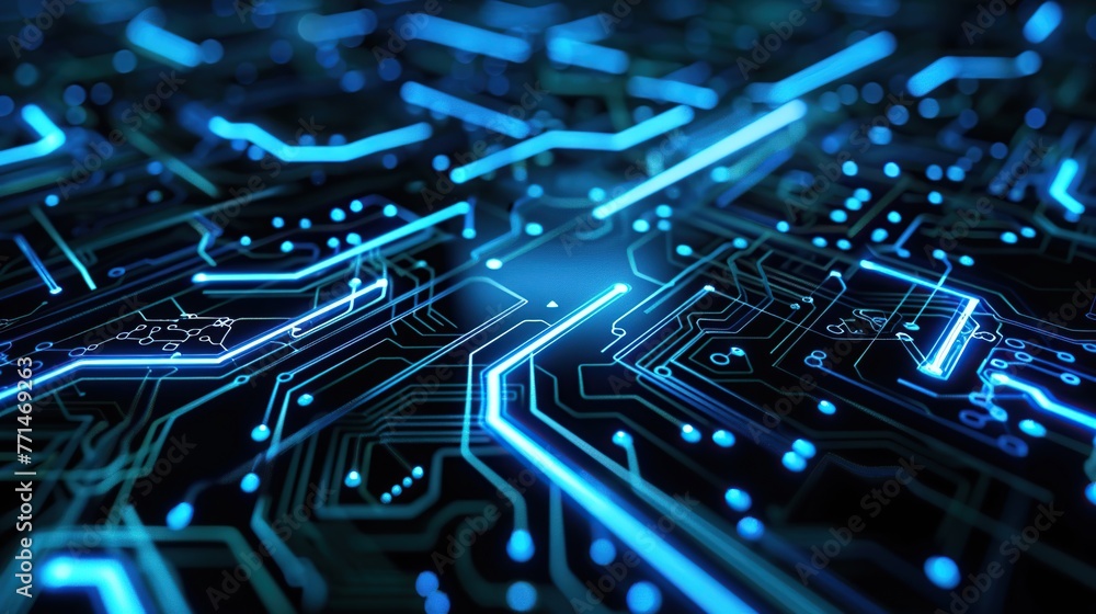 Poster this image features an abstract blue circuit board landscape, metaphorically illustrating neural pat