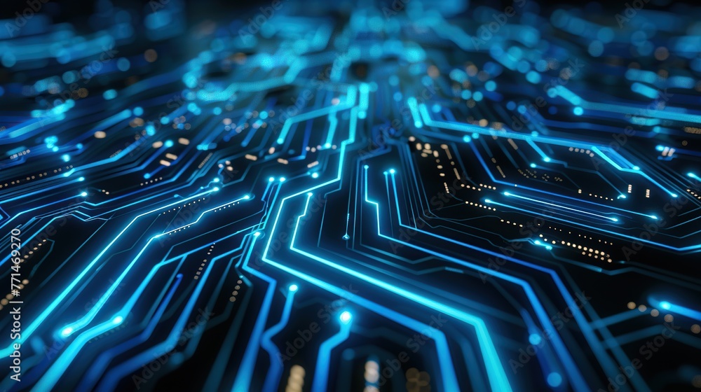 Poster a close-up image of an intricate, glowing blue circuit board, evoking themes of electronics, computi