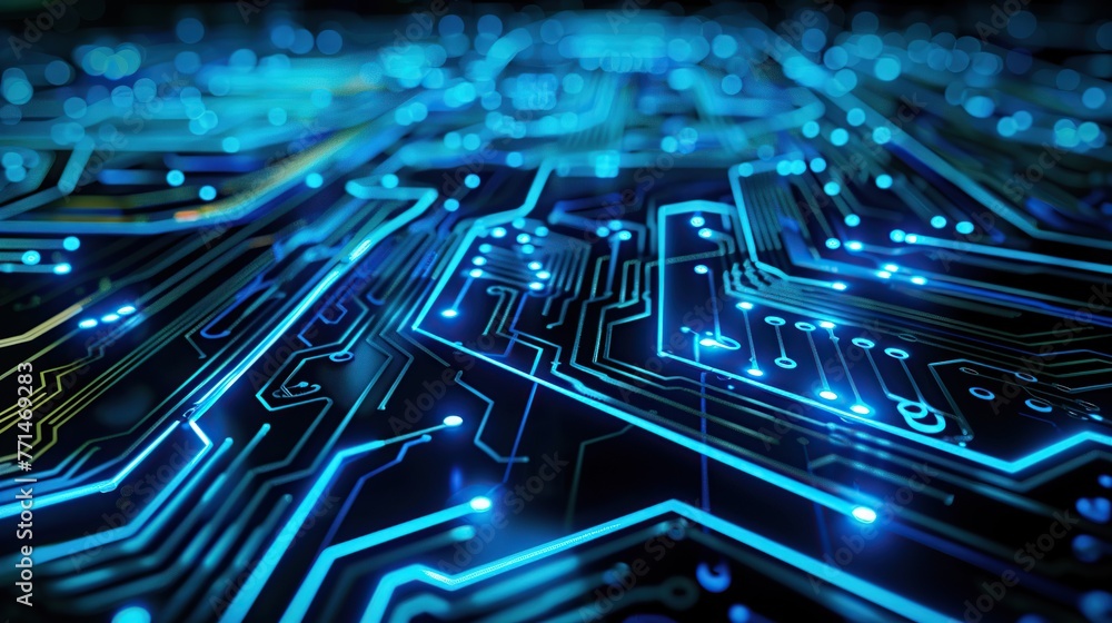 Aufkleber an image of an intricate circuit board, showcasing pathways lit with electric blue energy, perfect f