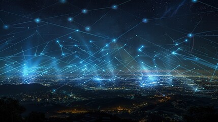 Naklejka na ściany i meble An artistic rendition of a starry night with luminous network lines overlaying a serene landscape, symbolizing rural connectivity, suitable for environmental and technological concepts