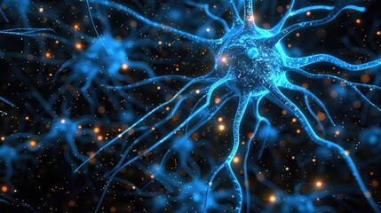 An intricate visualization of a neuronal network with blue electric highlights, metaphorically representing connections and communication within the brain, apt for topics in neuroscience - obrazy, fototapety, plakaty
