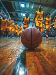 Basketball on Shiny Floor with Players in Back