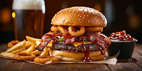 Selective focus shot of a burger with bacon, onion rings, barbecue sauce, fries and beer,...