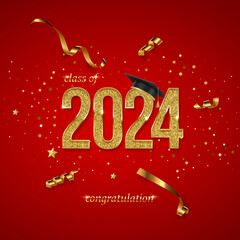 2024 graduation ceremony square banner. Award concept with academic hat, golden numbers, ribbons, confetti and text isolated on red background
