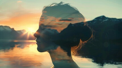 Double exposure: wide shot silhouette of a Scandinavian woman against the backdrop of the Norwegian fjords. photorealistic, sunset light