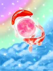 Koi fishes swim around the pink moon in the sky  with stars and cloud