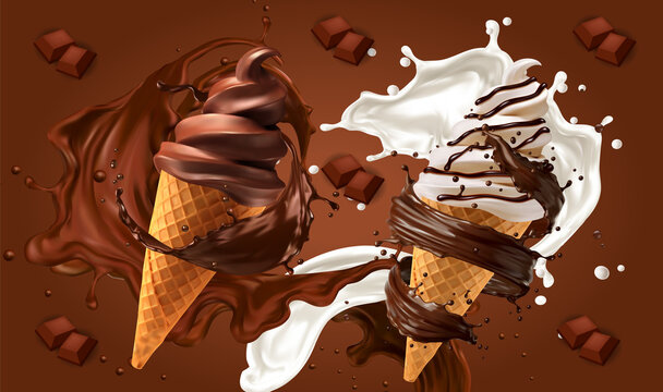 Picture of two ice cream cones, brown chocolate pattern background with milk splashes.