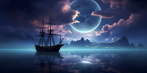 Pirate ship in the moonlight blue effect in the background
