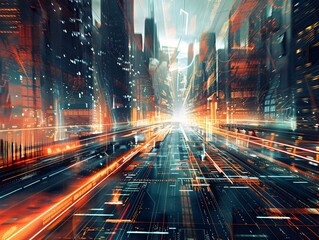 Futuristic Digital Cityscape Showcasing Technological Innovation and Enterprise Transformation