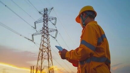 Engineer with tablet at dawn, power lines and sunrise.